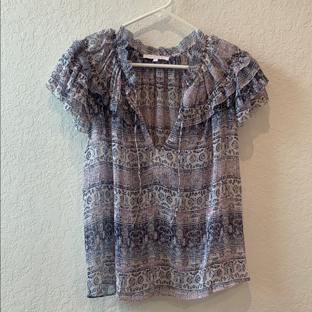 Olivaceous Blue and Purple Flutter Sleeve Blouse